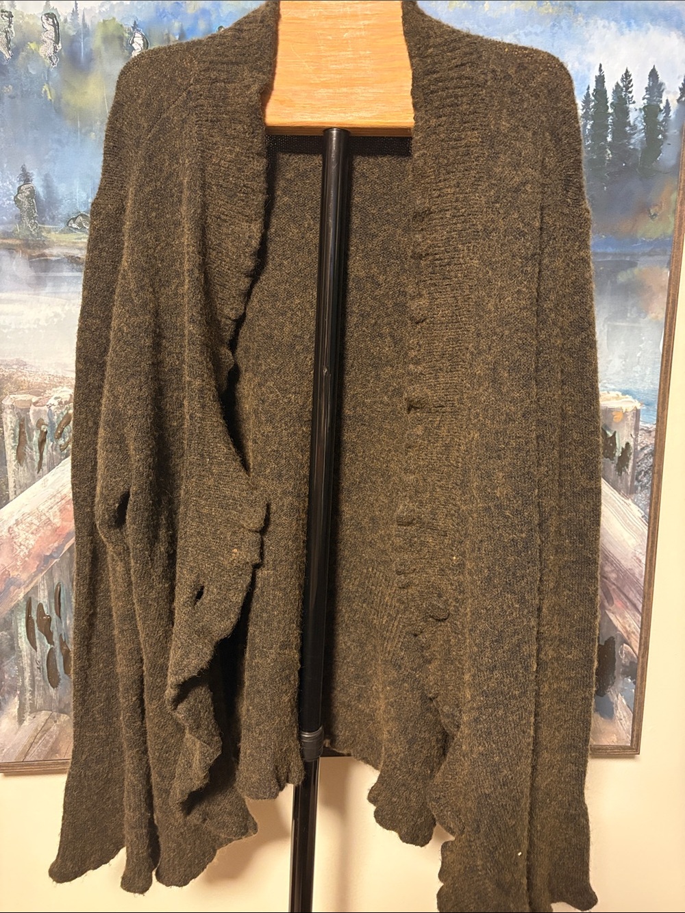 Women's Olive Green Ruffle-Trim Knit Cardigan